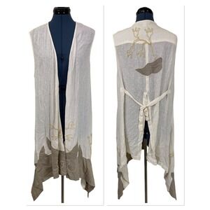 Vtg Boo Radley White Tan Embroidered Linen Boho Duster Vest Handkerchief Hem 12